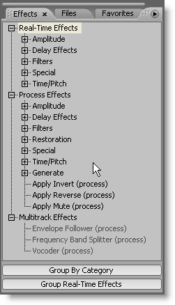 Adobe Audition 2.0 Effects grouped by Realtime effects